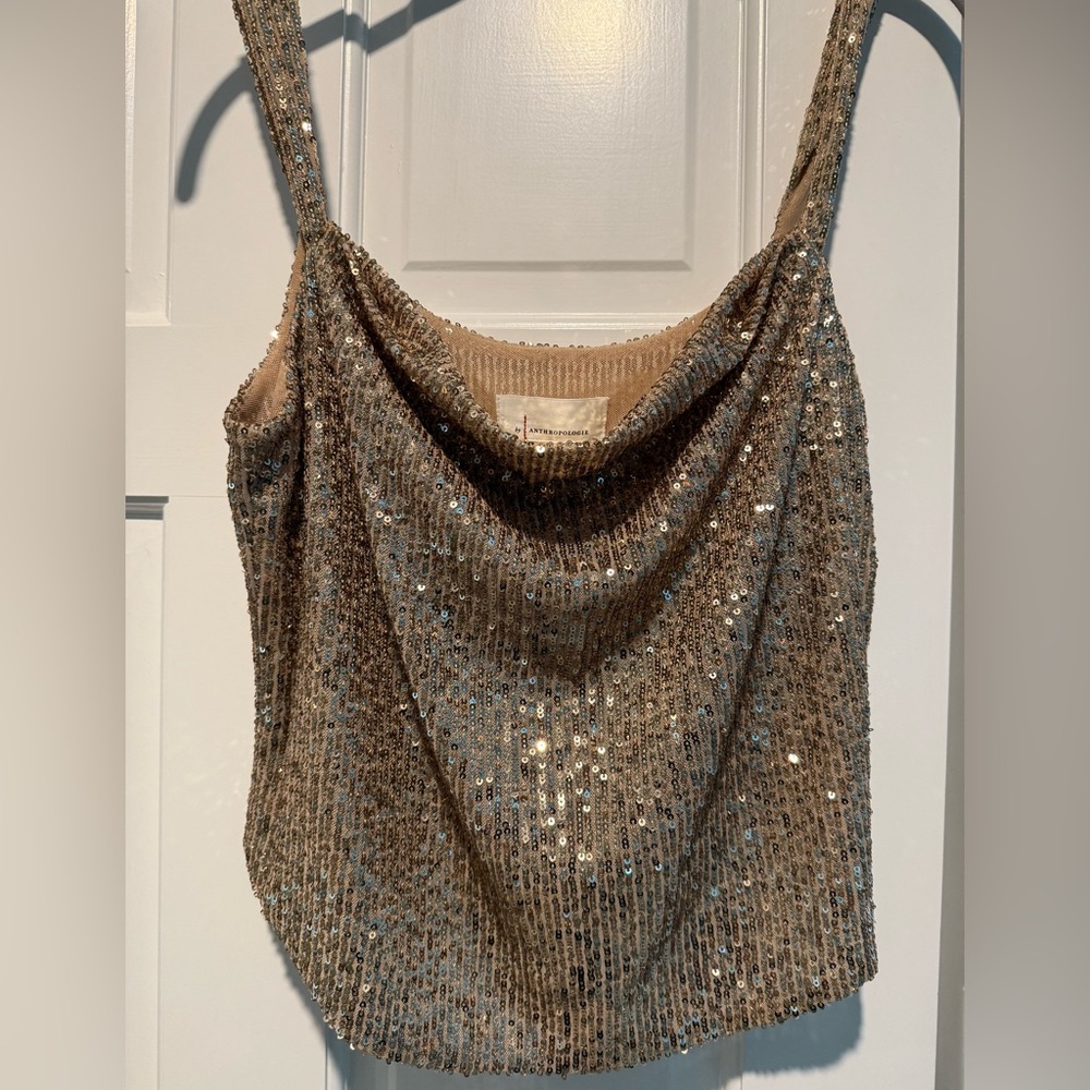 Anthropologie Sequin Gold Cowl Neck Top